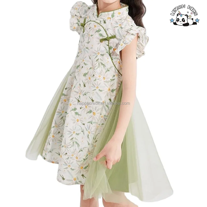 LEZONKIDS - 2024 Luxury Kids Chinese Cheongsam Dress Cotton Floral Dress Girl Tulle Dress for Summer